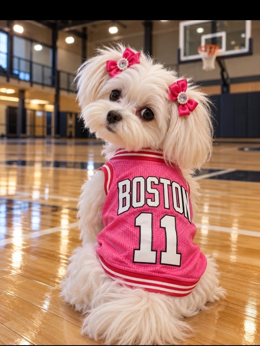 Snuggle Pups Boston 11 Pink Dog Basketball Jersey + 2 Hair Bows Pet Outfit Set